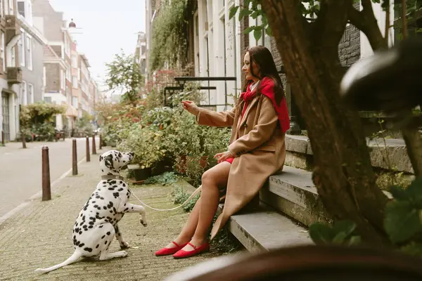 Amsterdam 'da Dalmaçyalı köpeği olan güzel bir kadının portresi.