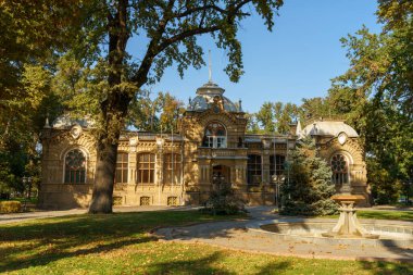 Önünde fıskiye olan büyük kahverengi bir bina.