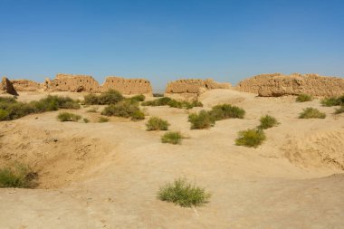 Birkaç küçük çalı ve birkaç bina olan bir çöl manzarası.