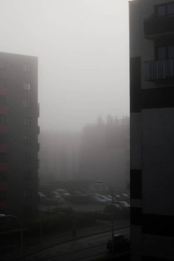 Şehirde erken ve sisli bir sabah.