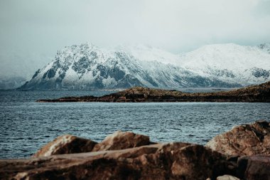 Kayalık Kıyı Çizgisi Manzaralı Karlı Dağlar