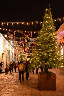 Noel ışıkları kışın şehrin sokaklarını aydınlatıyor.