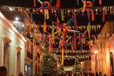 Noel ışıkları kışın şehrin sokaklarını aydınlatıyor.