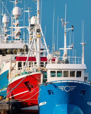 Close-up of colorful fishing boats in harbor clipart