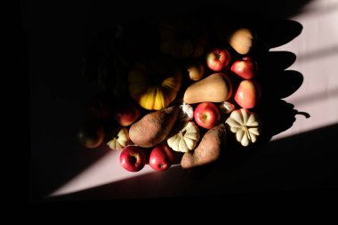 Dramatic Fall Harvest Overhead With Honeynut Squash and Apples clipart