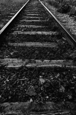 Siyah beyaz fotoğraflarda terk edilmiş demiryolu rayları..