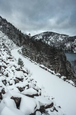 Acadia at arabası yolu kışın Maine kıyısında