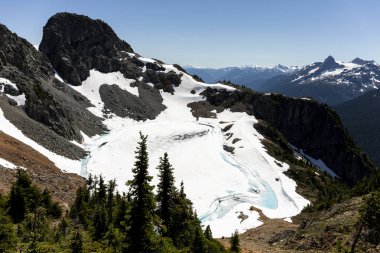 Donmuş bir gölde eriyen canlı mavi suyla Dağ Vista 'sı