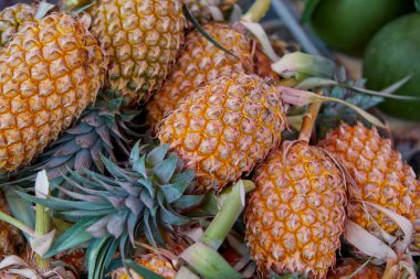 Markette satılık bir yığın olgun ananas.