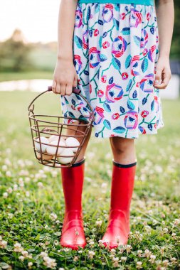 Tüylü ve kırmızı çizmeli tavuk yumurtası sepeti.