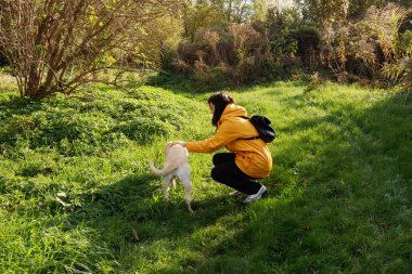 Sarı ceketli bir kadın yeşil bir çayırda beyaz bir labrador okşuyor.