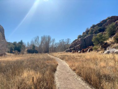 Kuru otlaklarda kayalık uçurumlar ve ağaçlarla sarmalanmış toprak izleri.