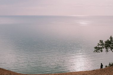 Michigan Gölü 'ne bakan bir gezgin.