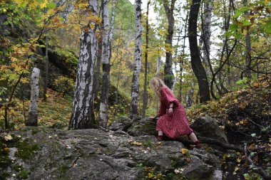 Genç bir kadın ormanda kayalık araziye tırmanıyor.