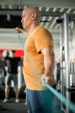 Son sınıf öğrencisi spor salonunda direniş bandı egzersizleri yapıyor.