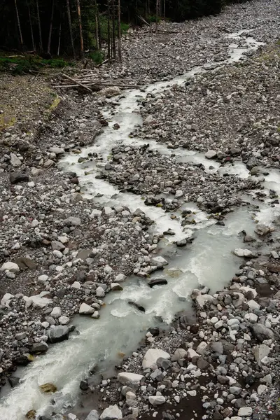 Dağ yabanda alçak bir nehir yatağının manzarası.