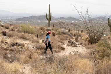 Orta yaşlı kadın Tonto Ulusal Ormanı 'na yürüyor, Phoenix, Arizona