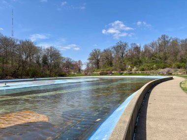 Parktaki kıvrımlı patikanın yanındaki havuzda bahar ağaçları çiçek açıyor.