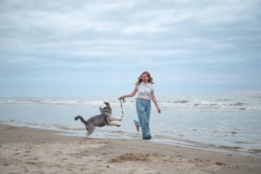 Danimarka, Kuzey Denizi 'nin kumlu sahilinde neşeli bir köpekle yürüyen bir kadın.