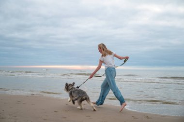 Danimarka, Kuzey Denizi 'nin kumlu sahilinde neşeli bir köpekle yürüyen bir kadın.