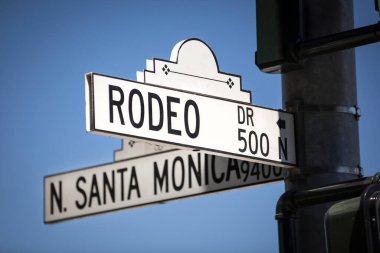 Los Angeles California, Beverly Hills 'teki ünlü Rodeo Drive tabelasının görüntüsü. Lüks alışveriş bölgesinin tam ortasında yer alıyor..