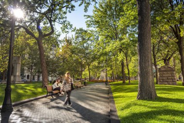 Montreal, Quebec, Kanada 'daki Dorchester Meydanı' ndaki insanlar