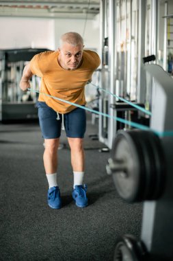 Son sınıf öğrencisi spor salonunda direniş bantlarıyla egzersiz yapıyor.