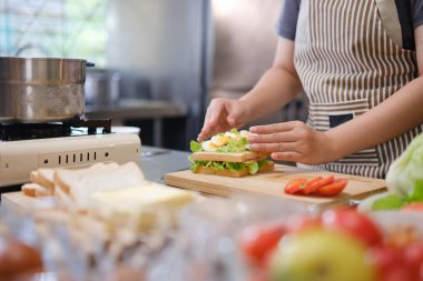 Odaklanmış şef dikkatli bir gurme sandviç