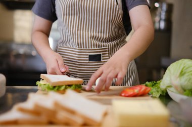 Odaklanmış şef dikkatli bir gurme sandviç