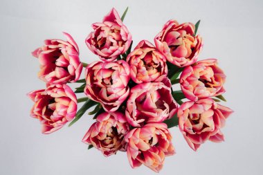 Yukarıdan aşağıya canlı pembe ve sarı lalelerden oluşan bir buket..