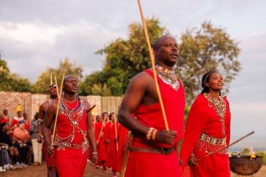 Geleneksel Masai kabileleri Kenya 'da ritüel dansı yapıyorlar..