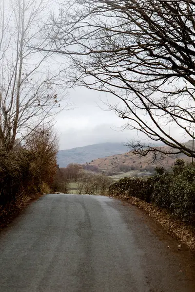 Ulpha, Duddon Valley, İngiltere 'de sisli tepeleri olan boş bir köy yolu.