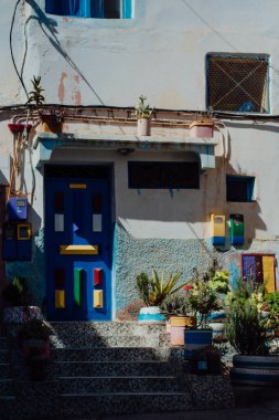 Taghazout, Fas 'ta Renkli Geometrik Kapı ve Bitkiler