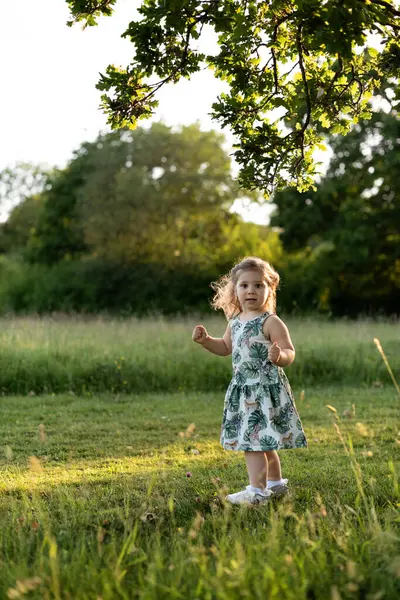 Küçük kız ağacın altında kameraya bakıyor.