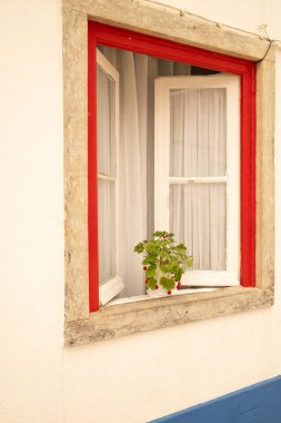 Pencerenin pervazında sardunya bitkisi olan kırmızı kepenkli pencere.