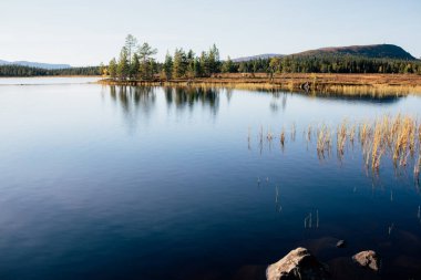 Valadalen ve İsveç 'te sonbahar renklerini yansıtan sakin göl