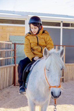 Ceketli ve kasklı bir çocuk beyaz bir atı dışarı atıyor.
