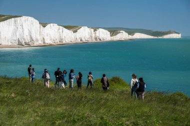 Seaford 'daki Seven Sisters beyaz kayalıklarının yakınındaki insanlara güzel bir manzara.