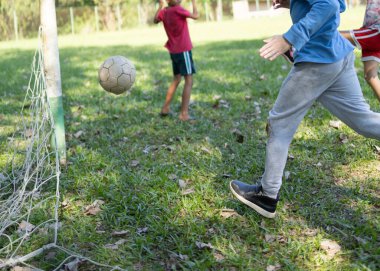 Brezilyalı çocuklar çim tarlasında futbol oynuyorlar