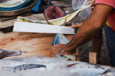 Balık pazarında bir erkek satıcı, Sicilya 'da bir bıçakla balık kesiyor.