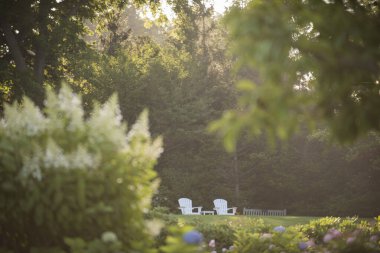 Gün batımında Bahçedeki Adirondack Sandalyeleri ve yemyeşil zemin