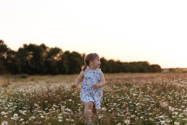 Kız papatya tarlasında koşuyor, başka tarafa bakıyor.