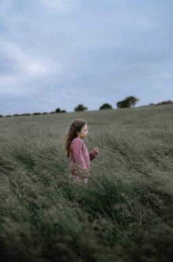 Uzun çimlerle tarlada duran kız. Bir elini kaldırdı..