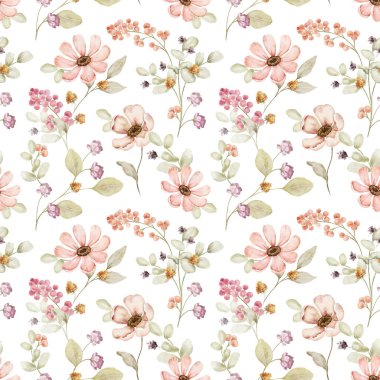 Yumuşak pembe çiçekler ve böğürtlenlerle suluboya deseni