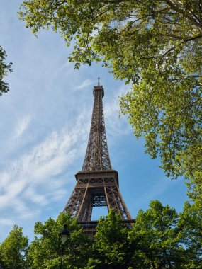 Güneşli bir günde Paris 'te yeşil ağaçların üzerinde yükselen Eyfel Kulesi