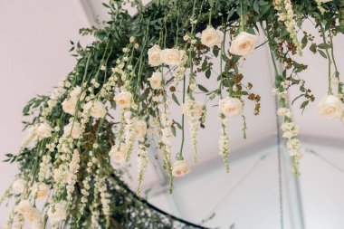 Çiçek yeşili avize, beyaz çadırda asılı ışıklar.