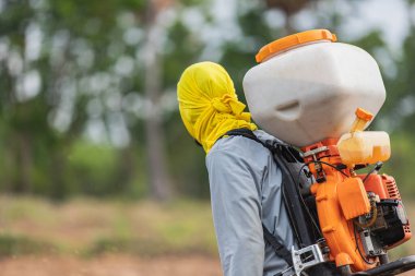 Pirinç tohumu serpme makinesiyle çiftçinin yakın çekimi.