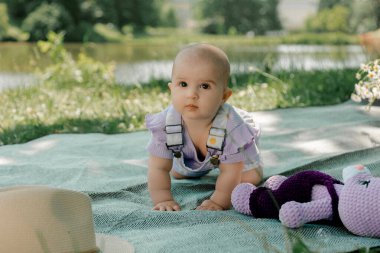 Bebek dışarıda yumuşak oyuncaklarla battaniyede sürünüyor.