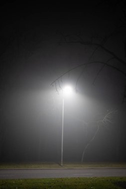 Sisli bir gecede sokak ışığı sisi aydınlatır