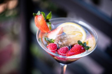 Martini bardağında taze meyveli kokteyl yakın plan.